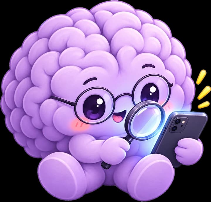 MindPet mascot inspecting a phone with a magnifying glass