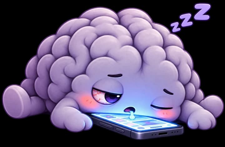 Exhausted MindPet mascot asleep on a glowing phone